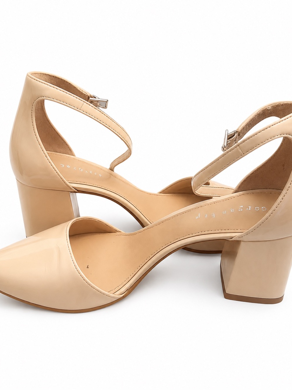 Copper Key Beige Patent Block Heel Ankle-Strap Pumps